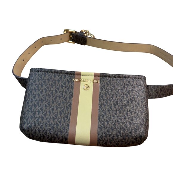 Michael Kors Logo Belt Bag S/M Brown/Gold Monogram Adjustable Strap Synthetic Cr - Picture 3 of 11